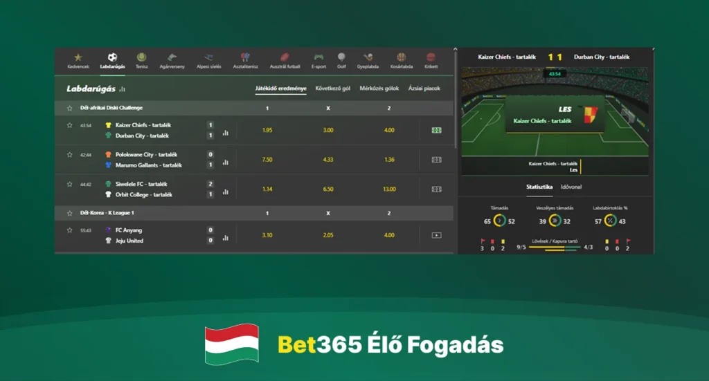 Bet365 élő fogadási képernyő mérkőzés közben