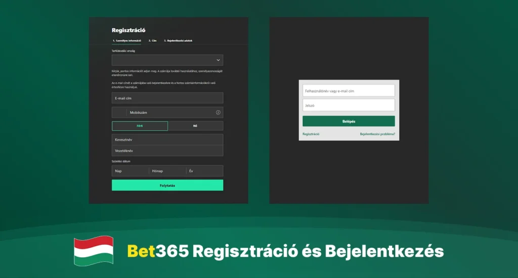 Bet365 regisztrációs űrlap és bejelentkezési ablak
